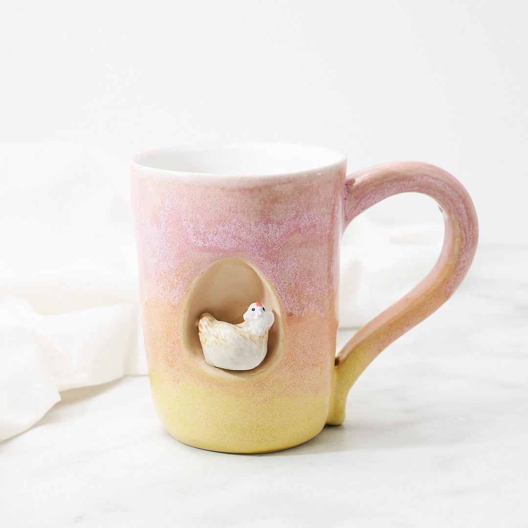 Salmon Faverolles mug, sunset glaze