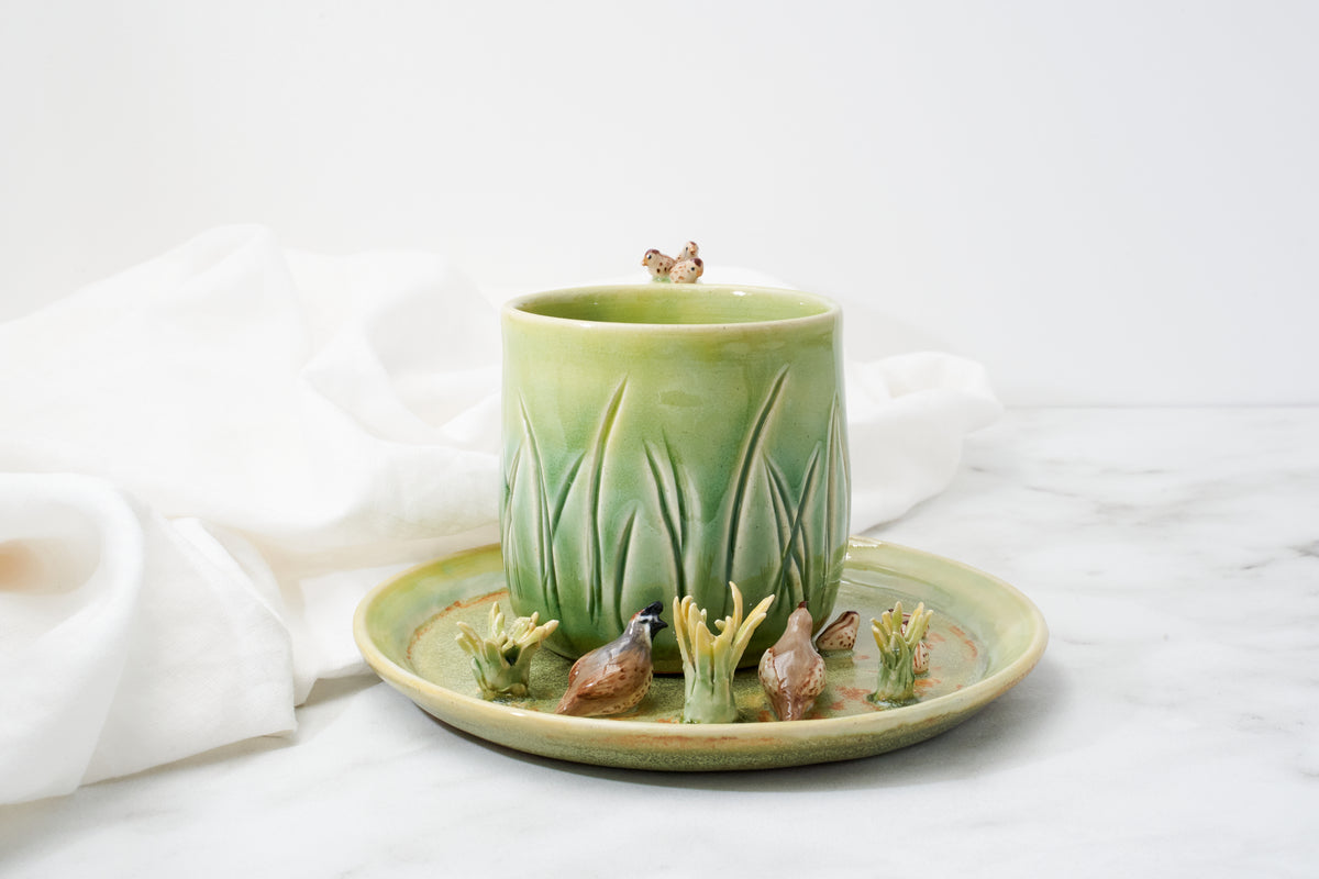 California quail family cup and saucer