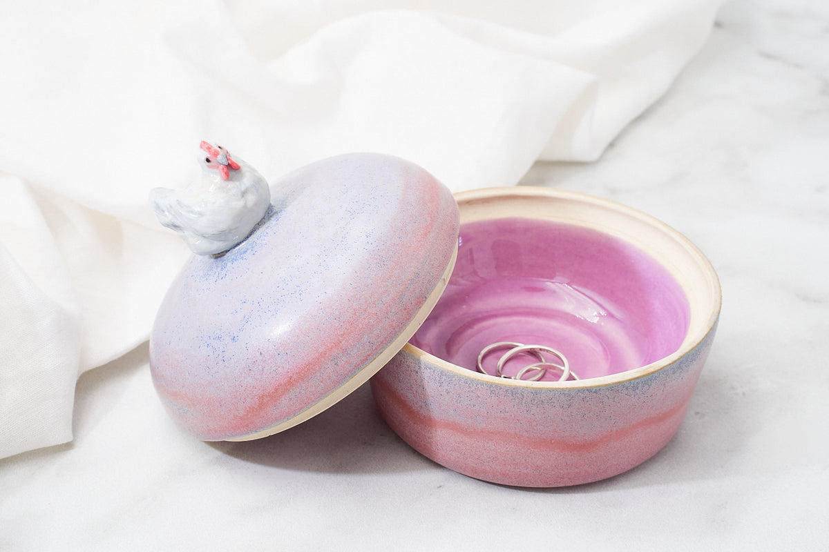 Lavender Orpington lidded dish, pink and purple glaze