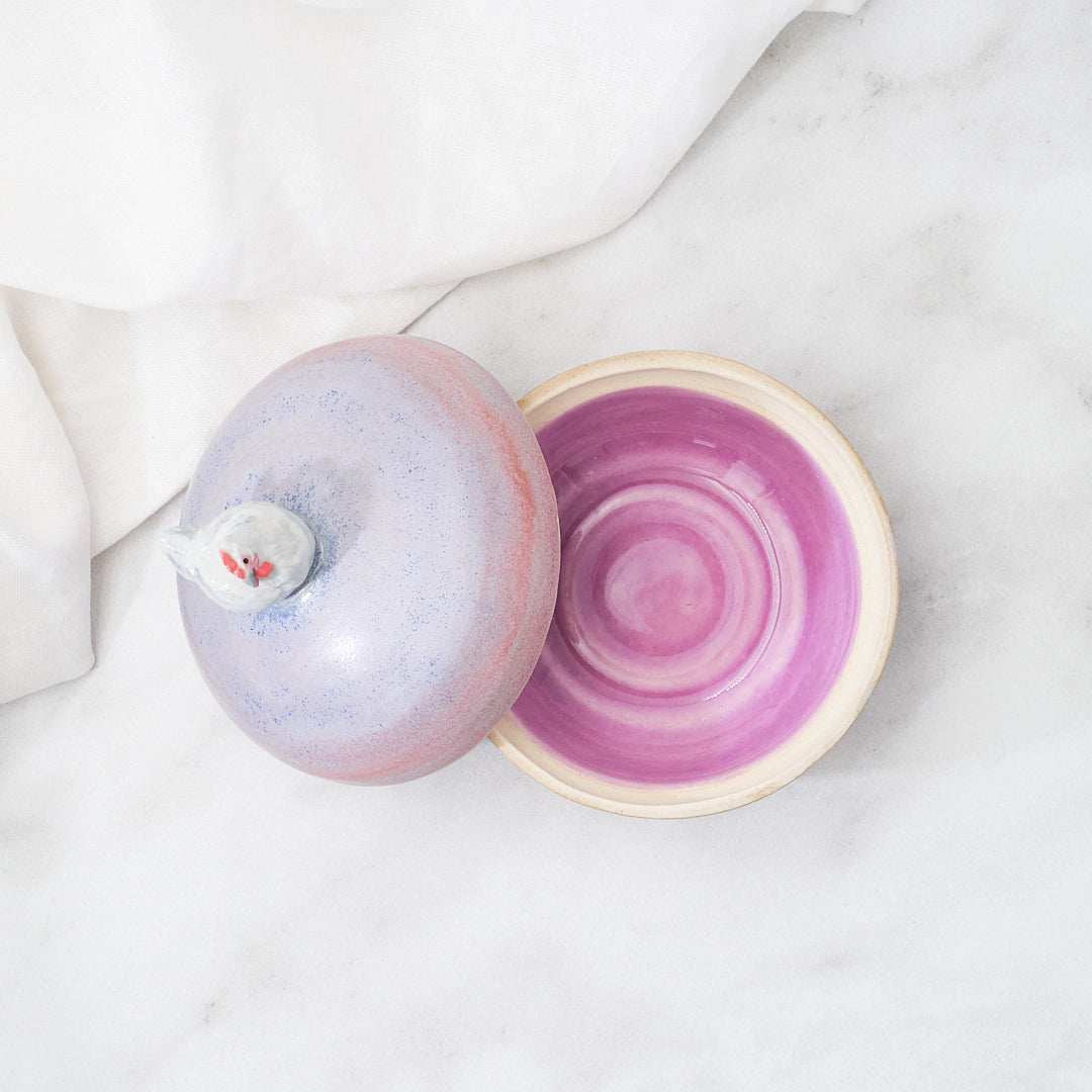 Lavender Orpington lidded dish, pink and purple glaze