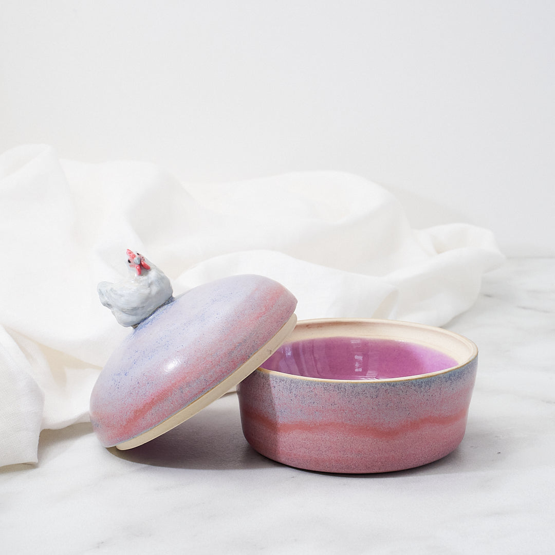 Lavender Orpington lidded dish, pink and purple glaze