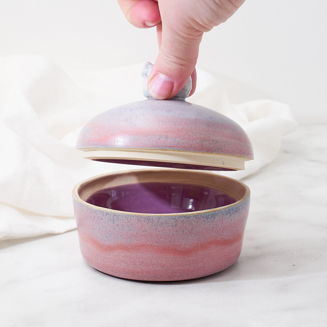 Lavender Orpington lidded dish, pink and purple glaze