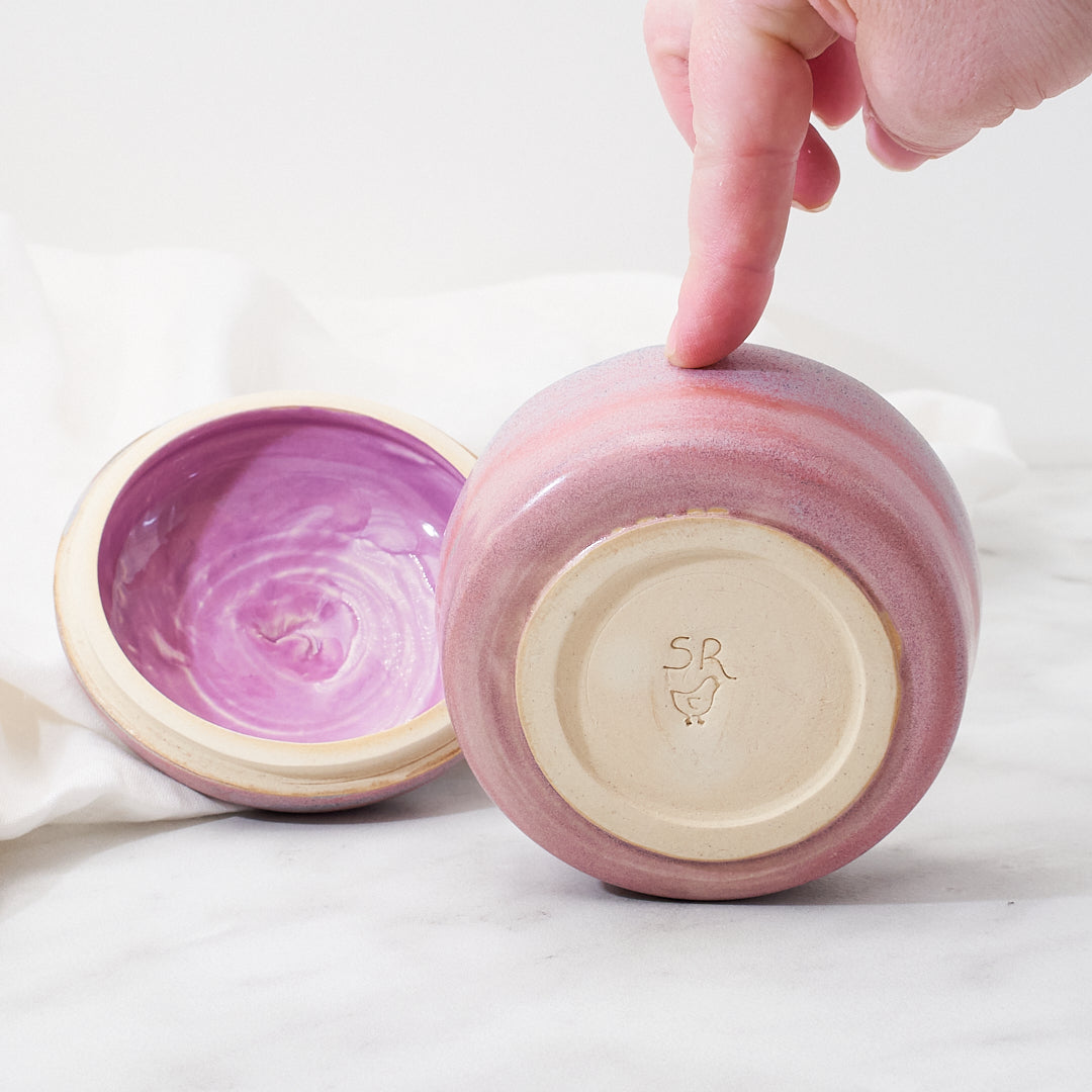 Lavender Orpington lidded dish, pink and purple glaze