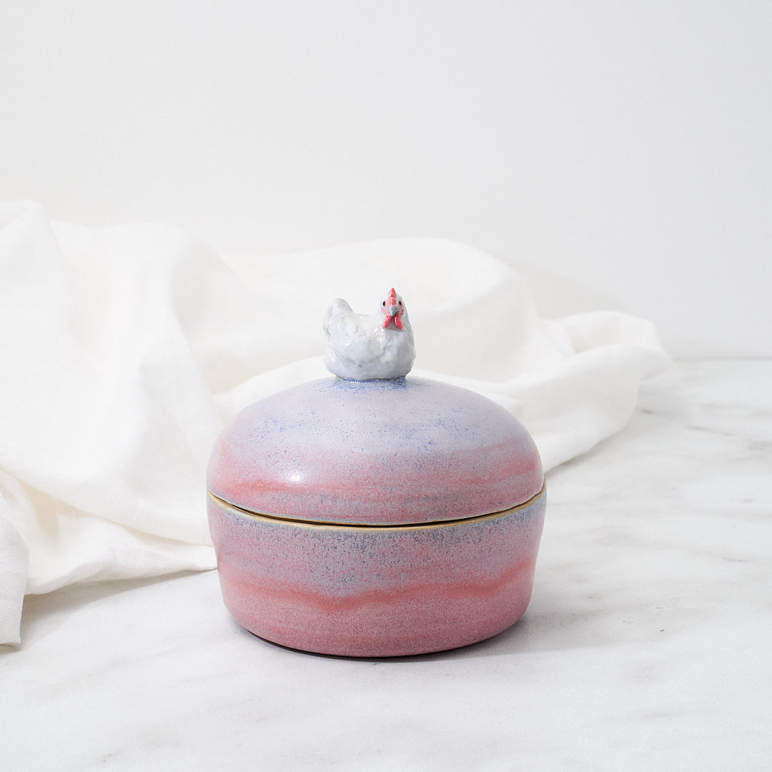 Lavender Orpington lidded dish, pink and purple glaze