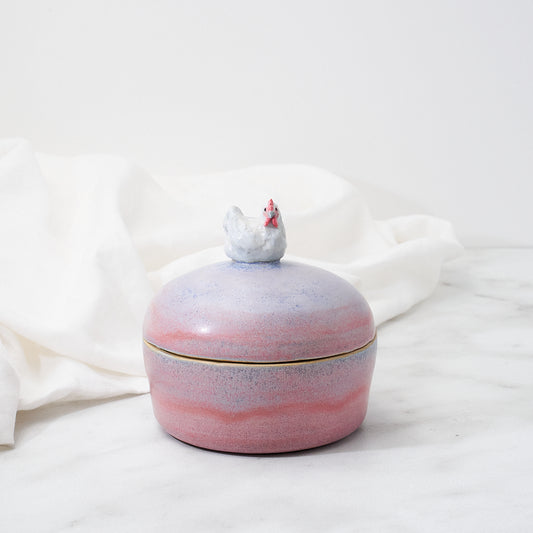 Lavender Orpington lidded dish, pink and purple glaze