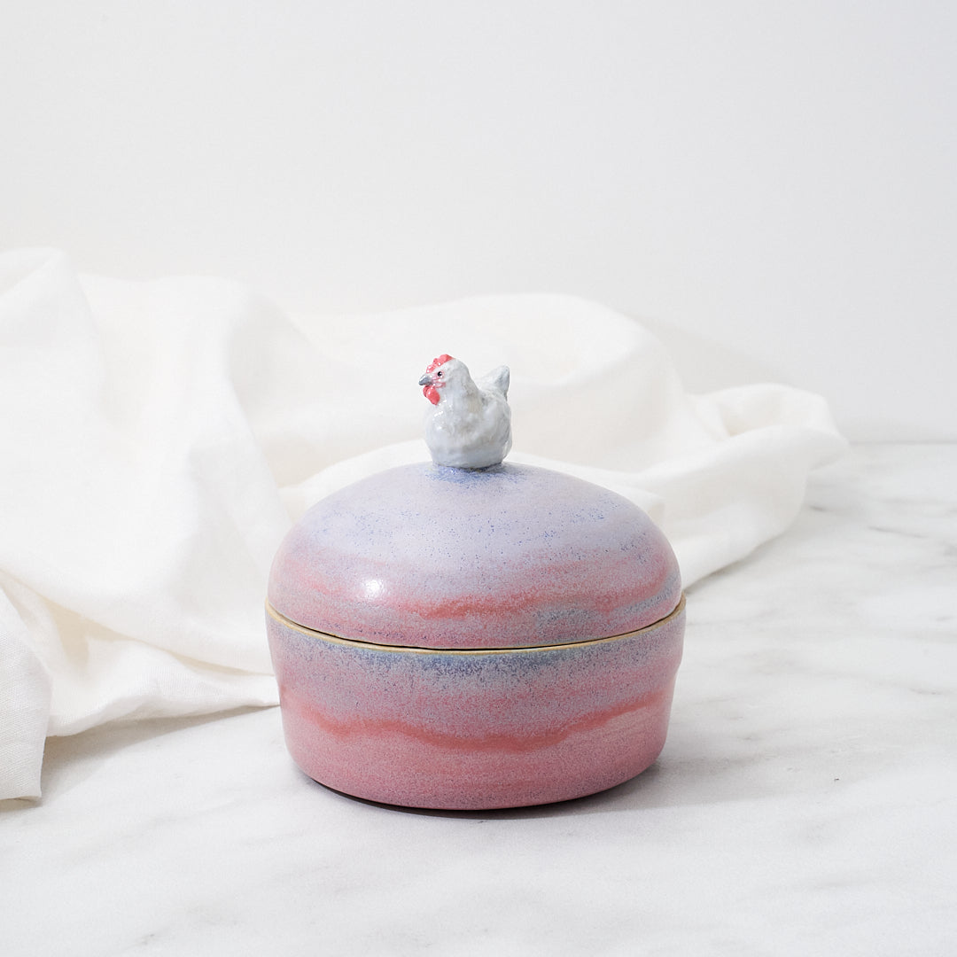 Lavender Orpington lidded dish, pink and purple glaze