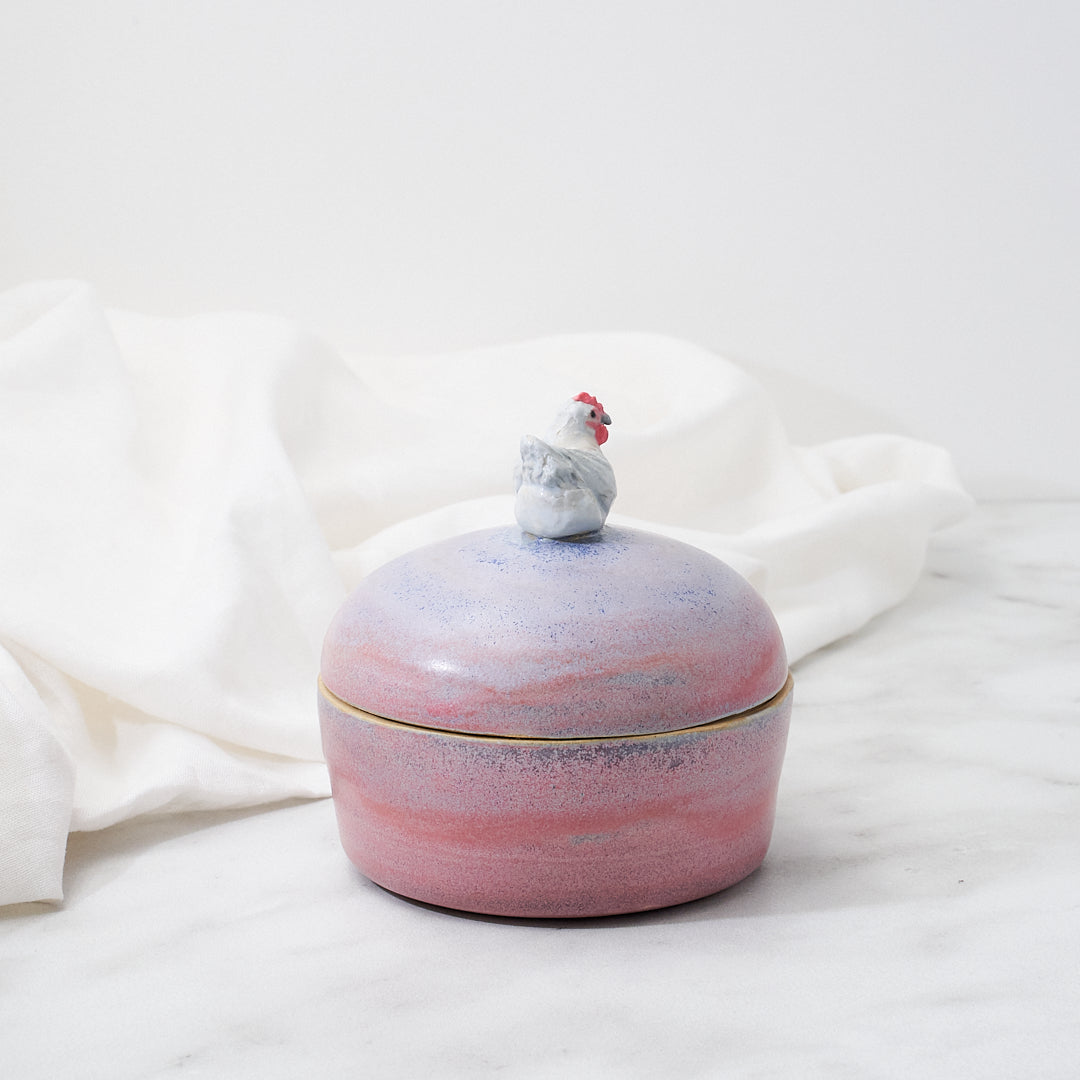 Lavender Orpington lidded dish, pink and purple glaze