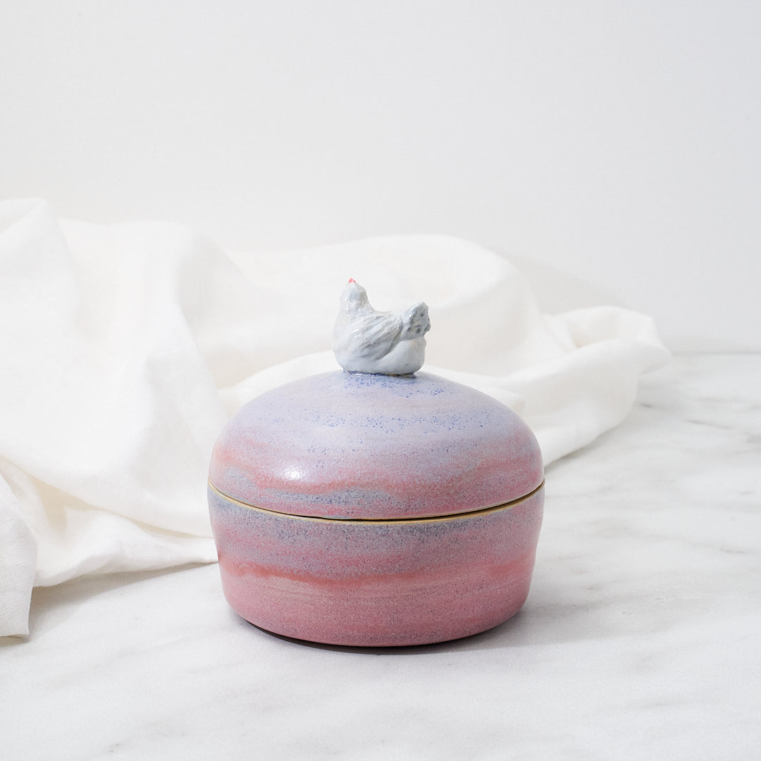 Lavender Orpington lidded dish, pink and purple glaze