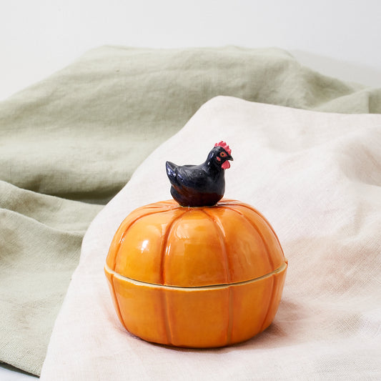 Australorp pumpkin dish with black sparkle